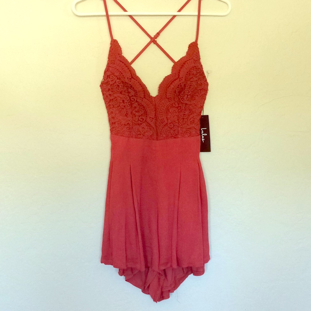 NWOT Coral Red Lacy Romper - LuLus